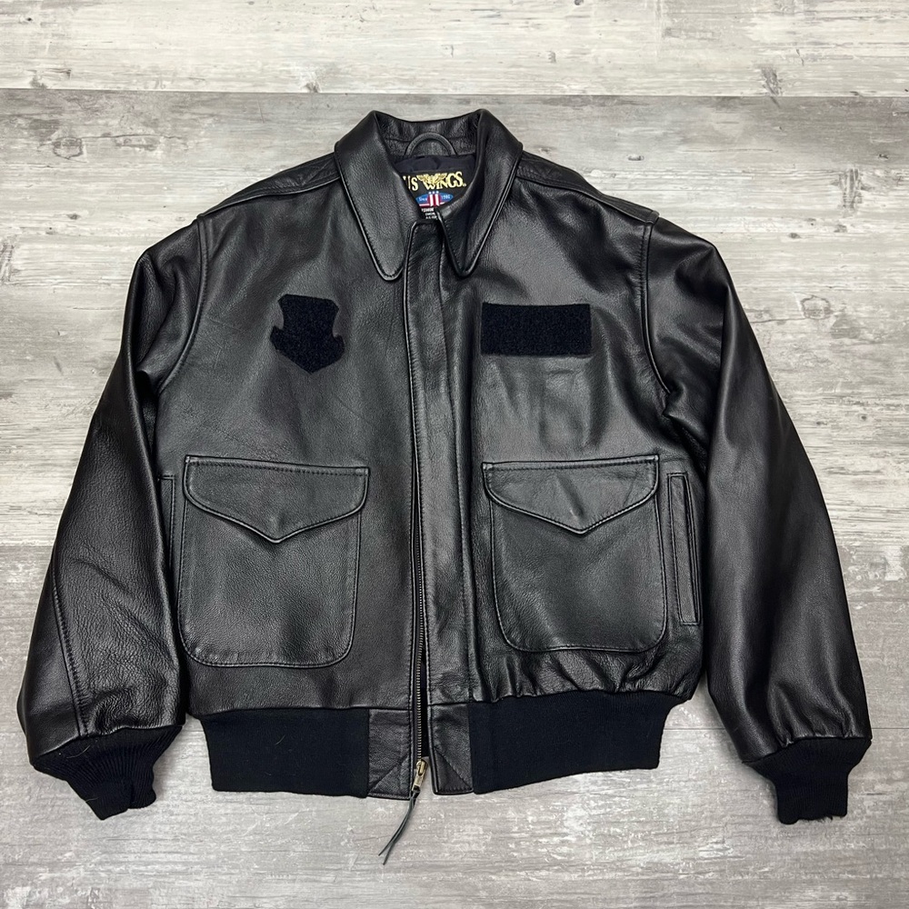 U.S. Wings Black Leather Bomber Jacket L